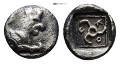 GREEK Dynasts of Lycia, Kuprilli AR Obol. (9mm, 0.55 g)Circa 470-440 BC. Forepart of winged and horned monster right / KOΠ, triskeles within incuse square.