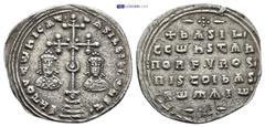 BYZANTINE Basil II Bulgaroktonos, with Constantine VIII, AR Miliaresion. (24mm, 2.76 g) Constantinople, AD 977-989. Єh TOVTѠ hICAT' bASILЄI C CѠhST, cross crosslet with central X set globus on four st