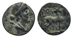 GREEK LYCIA. Bubon. Ae (10mm, 0.71 g) (2nd-1st centuries BC). Obv: Draped bust of Artemis right, quiver over shoulder. Rev: BOY. Stag standing right.