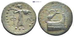 GREEK Lycia, Phaselis. Ca. 190-167 B.C. AE 19 (19mm, 3.2 g). Φ-A, Athena standing right, wielding thunderbolt and holding aegis./ Prow of war galley right; Nike flying right above, crowning prow.