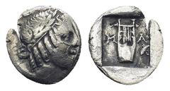 GREEK LYCIA, Lycian League, Masikytes (Circa 42 BC) AR Hemidrachm (14mm, 1.55 g) Obv: Λ-[Y], laureate head of Apollo right. Rev: M-A, lyre, filleted branch to right, all within incuse square.