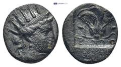 GREEK ISLANDS off CARIA, Rhodos. Rhodes. Circa 188-150 BC. Æ Chalkous (12mm, 1.3 g). 'Plinthophoric' coinage. Radiate head of Rhodos right / Rose with bud to right; rose to left; all within incuse squ