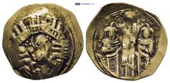 BYZANTINE Andronicus II and Michael IX. 1295-1320 AD. Hyperpyron (4.1 Gr. 23mm.) Half-length figure of the Virgin Mary, orans, within city wall of six towers. Rev. Christ standing facing, crowning And