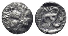 GREEK Dynasts of Lycia. . Mithrapata 390-370 BC. 1/6 Stater AR (13mm., 1,2 g) Facing scalp of lion / ME-XP-A (in Lycian); triskeles, in left field dolphin; all within incuse square.