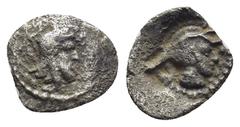 GREEK Dynasts of Lycia. Uncertain mint. Kherei 410-390 BC. Obol AR (9mm., 0,48 g). Head of Kherei right, wearing bashlyk, in pelleted round border within incuse circle. / Helmeted head of Athena right