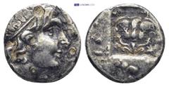 GREEK ISLANDS off CARIA, Rhodos. Rhodes. Circa 88-84 BC. AR Drachm (14mm, 2.3 g). 'Plinthophoric' coinage. Radiate head of Helios right / Rose with bud to right; grain ear to lower right; all within i