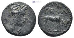 GREEK LYCIA. Lycian League. AE (Late 30s-27 BC). (3.3 Gr. 16mm.) Bust of Artemis right, with quiver over shoulder. Rev. Stag standing right.