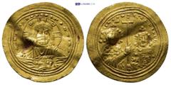 BYZANTINE Basil II Bulgaroktonos, with Constantine VIII, AV Histamenon Nomisma. (26mm, 4.4 g) Constantinople, AD 1005-1025. +IhS XIS REX REGNANTINM, facing bust of Christ Pantokrator; crescents in upp