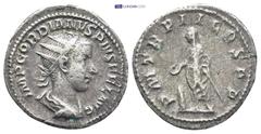 ROMAN IMPERIAL Gordian III, 238 - 244 AD Silver Antoninianus, Rome Mint, (22mm, 4.5 g) Obverse: IMP CAES GORDIANVS PIVS AVG, Radiate, draped and cuirassed bust of Gordian right. Reverse: P M TR P II C