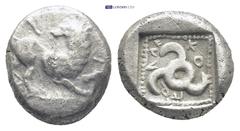 GREEK DYNASTS of LYCIA. Kuprilli. Circa 480-440 BC. AR Third Stater (13mm, 2.8 g). Uncertain mint. Winged lion standing right, head left, raising forepaw / Triskeles; K-O-Π around; all in dotted squar