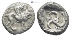 GREEK Dynasts of Lycia, AR Tetrobol. (13mm, 2.59 g) Circa 470-440 BC. Winged lion advancing right / Triskeles within incuse square.