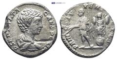 ROMAN IMPERIAL Geta, as Caesar (198-209 AD) AR Denarius (17mm, 2.41 g) Rome, 201-202 AD. P SEPT GETA CAES PONT Bare-headed and draped bust of Geta to right, seen from behind. Rev. PRINC IVVENTVTIS Get