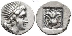 GREEK ISLANDS off CARIA, Rhodos. Rhodes. Circa 188-170 BC. AR Drachm (15mm, 2.6 g). 'Plinthophoric' coinage. Agemachos, magistrate. Radiate head of Helios right / Rose with bud to right; AΓEMAXOΣ abov