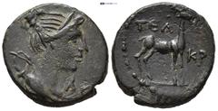 GREEK Lycia, Telmessos 100-0 BC. Bronze Æ (17mm, 3.5 g) Draped bust of Artemis right, quiver at shoulder / Stag standing right.