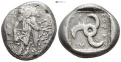 GREEK DYNASTS OF LYCIA. Kuprilli (Circa 460-420). Stater . (17mm, 8.5 g) Obv: Naked figure (Hermes?) standing right, holding kerykeion and animal over shoulder. Rev: KOΠPΛΛE. Triskeles.