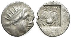 GREEK ISLANDS off CARIA, Rhodos. Rhodes. Circa 88-84 BC. AR Drachm (12mm, 2.1 g). ‘Plinthophoric’ coinage. Nikephoros, magistrate. Radiate head of Helios right / Rose with bud to right; NIKHΦOPOΣ abov