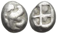 GREEK Ionia, Chios. AR Triobol or Hemidrachm, (11mm, 2.2 g). Circa 435-425 BC. Obv: Sphinx seated left; to left, grape bunch above amphora. Rev: Quadripartite incuse square.