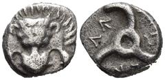GREEK Dynasts of Lycia. Uncertain mint. Perikles 380-360 BC. 1/3 Stater AR (12mm., 2,6 g). Lion scalp facing / Π↑-ΡΕΚ-Λ↑, triskeles within incuse circle.