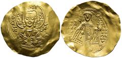 BYZANTINE Manuel I Comnenus (A.D. 1143-1180), Gold Hyperpyron, (27mm, 4.3 g) 5h. A.D. 1167-1183. Nimbate facing bust of Christ, beardless, holding a scroll and raising hand in benediction. Rev. Manuel