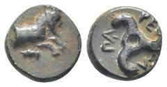 GREEK DYNASTS OF LYCIA. Perikles (Circa 380-360 BC). Ae. (10mm, 1.25 g) Obv: Forepart of a goat right; below, club(?). Rev: Triskeles; dynast's name in Lycian around.