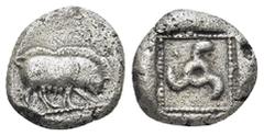 GREEK LYCIA, Dynasts of. Kuprilli. Circa 470-440 BC. (2.69 Gr. 12mm.). Wild boar standing right. Rev. Triskeles; all within incuse square