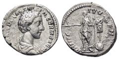 ROMAN IMPERIAL Commodus, as Caesar AD 166-177. Struck AD 175-176. Rome Denarius AR (17mm., 3,0 g). COMMODO CAES AVG FIL GERM SARM, bare head right / PRI-NC IVVENT Commodus standing left, in military d