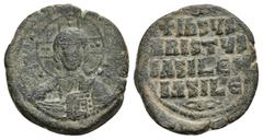 BYZANTINE Anonymous Æ 40 Nummi. Time of Basil II and Constantine VIII. Constantinople, circa 976-1025. 12.3gr. 27.3mm. Facing nimbus bust of Christ, holding Gospels /+IhSЧS XRISTЧS bASILЄЧ bASILЄ in f