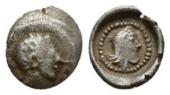 GREEK Dynasts of Lycia. Uncertain mint. Kherei 440-410 BC. Hemiobol AR 8.5mm., 0,3g. Head of Athena right, wearing crested Attic helmet / Bearded head of dynast right, wearing kyrbasia, within dotted 