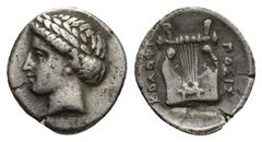 GREEK Kolophon AR Diobol, c. 375-360 BC Kolophon, Ionia. AR Diobol (12 mm, 0.9 g), c. 375-360 BC. Obv. Laureate head of Apollo left. Rev: KOΛΟΦΩ ΠΟΣΙΣ, lyre.