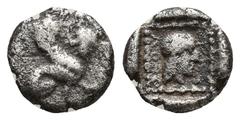 GREEK DYNASTS OF LYCIA. Uvug (Circa 470-440 BC). Obol. Uncertain mint. (9.7mm, 1.1 g) Obv: Sphinx seated right, raising forepaw. Rev: Female head right within pelleted square border; all within incuse