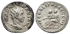 ROMAN IMPERIAL Philip II (AD 247–249). AR antoninianus (20.9mm, 3.5 g). Rome, AD 247. IMP PHILIPPVS AVG, radiate, draped, cuirassed bust of Philip II right / LIBERALITAS AVGG III, Philip I and Philip 