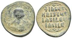 BYZANTINE Anonymous Basil II & Constantine VIII, circa 1020-1028. Æ Follis (29.1 mm, 11.7 g). Constantinople mint. +ЄMMANHOVΛ Facing bust of Christ Pantokrator / +IҺSЧS/ XRISTЧS/ BASILЄЧ/ BASILЄ’ in f