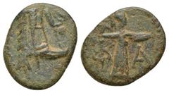 GREEK Lycia, Phaselis. Ca. 190-167 B.C. AE 19 (19.7mm, 3.8 g). Prow of war galley right; Nike flying right above, crowning prow / Φ-A, Athena standing right, wielding thunderbolt and holding aegis.