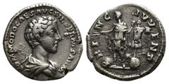 ROMAN IMPERIAL Commodus, as Caesar, 166-177. Denarius (Silver, 17mm, 3.4 g), Rome, 172-175. COMMODO CAES AVG FIL GERM SARM Bare-headed and draped bust of Commodus to right, seen from behind. Rev. PRIN