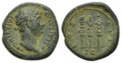ROMAN IMPERIAL Hadrian Æ Semis or Quadrans. Hadrian Æ (18mm, 4.2 g) Semis or Quadrans. Rome, AD 125-128. HADRIANVS AVGVSTVS PP. Laureate, draped and cuirassed bust right / COS III - SC Aquila between 