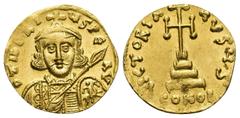 BYZANTINE Tiberius III (698-705), Solidus, Constantinople, (18mm, 4.3 g), D TIBERIVS PE AV, bust facing, with short beard, wearing crown and chlamys, holding spear and shield, rev. VICTORIA AVGU S, cr