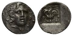 GREEK ISLANDS off CARIA, Rhodos. Rhodes. Circa 88-84 BC. AR Hemidrachm (12mm, 1.2 g). 'Plinthophoric' coinage. Maes, magistrate. Radiate head of Helios right / Rose with buds to left and right; MAHΣ a
