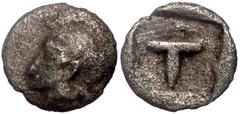Greek Arkadia, Tegea, AR Tetartemorion, (Silver, 0.15 g 6 mm), Circa 423-400 BC. Arkadia, Tegea, AR Tetartemorion, (Silver, 0.15 g 6 mm), Circa 423-400 BC. Obv: Helmeted head of Athena Alea to left. R