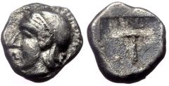 Greek Arkadia, Tegea. AR Hemiobol, (Silver,0.36 g 8 mm),Circa 423-400 BC. Arkadia, Tegea. AR Hemiobol, (Silver,0.36 g 8 mm),Circa 423-400 BC. Obv: Helmeted head of Athena left. Rev: Large T within sha