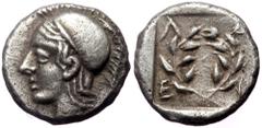 Greek Aiolis, Elaia, AR Diobol, (Silver, 1.32 g 10 mm),Circa 350-320 BC. Aiolis, Elaia, AR Diobol, (Silver, 1.32 g 10 mm),Circa 350-320 BC. Obv: Head of Athena to left, wearing crested Attic helmet Re
