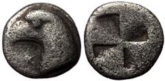 Greek Aeolis, Kyme, AR Hemiobol, (Silver, 0.24 g 8 mm), Circa 480-450 BC. Aeolis, Kyme, AR Hemiobol, (Silver, 0.24 g 8 mm), Circa 480-450 BC. Obv: Head of eagle left. Rev: Quadripartite incuse square.