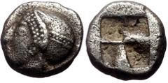Greek Ionia, Phokaia, AR Diobol, (Silver, 1.28 g 8 mm),Circa 521-478 BC. Ionia, Phokaia, AR Diobol, (Silver, 1.28 g 8 mm),Circa 521-478 BC. Obv: Archaic female head left, wearing earring and helmet or