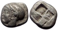 Greek Ionia, Phokaia, AR Diobol, (Silver, 1.23 g 10 mm),Circa 521-478 BC. Ionia, Phokaia, AR Diobol, (Silver, 1.23 g 10 mm),Circa 521-478 BC. Obv: Archaic female head left, wearing earring and helmet 