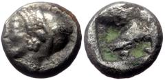 Greek Ionia, Phokaia, AR Diobol, (Silver, 1.09 g 9 mm),Circa 521-478 BC. Ionia, Phokaia, AR Diobol, (Silver, 1.09 g 9 mm),Circa 521-478 BC. Obv: Archaic female head left, wearing earring and helmet or