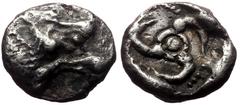 Greek Apparently the first recorded example! Apparently the first recorded example! Lycia, uncertain dynast AR Triobol (ca 520-480 BC) Obv: Forepart of boar left Rev: Triskeles; all within incuse squa