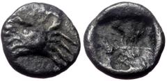 Greek Caria, Kos, AR Hemiobol, (Silver,0.58 g 8 mm),Circa 500-480 BC. Caria, Kos, AR Hemiobol, (Silver,0.58 g 8 mm),Circa 500-480 BC. Obv: Crab. Rev: Quadripartite incuse square. Ref: SNG Keckman 903;