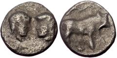 Greek Caria, Uncertain, AR Hemiobol, (Silver, 0.40 g 7 mm), 420-350 BC. Caria, Uncertain, AR Hemiobol, (Silver, 0.40 g 7 mm), 420-350 BC. Obv: Bare female and male (or female) heads facing one another