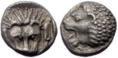 Greek Caria, Mylasa. AR Hemiobol (Silver, 0.40 g, 6 mm). Circa 420-390 BC. Caria, Mylasa. AR Hemiobol (Silver, 0.40 g, 6 mm). Circa 420-390 BC. Obv: Forepart of lion right, head left Rev: Facing head 
