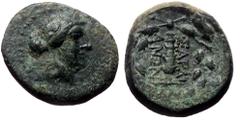 Greek Lydia, Sardes AE (Bronze, 3.89g, 16mm) ca 133 BC - AD 1. Lydia, Sardes AE (Bronze, 3.89g, 16mm) ca 133 BC - AD 1. Obv: Laureate head of Apollo to right Ref: Club; ΣΑΡΔΙΑΝΩΝ across fields, ΔΓ mon