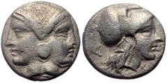 Greek Mysia, Lampsakos, AR Diobol, (Silver,1.21 g 10 mm), 4th-3rd centuries BC. Mysia, Lampsakos, AR Diobol, (Silver,1.21 g 10 mm), 4th-3rd centuries BC. Obv: Janiform female head. Rev: Λ[ΑΜΨ], Helmet